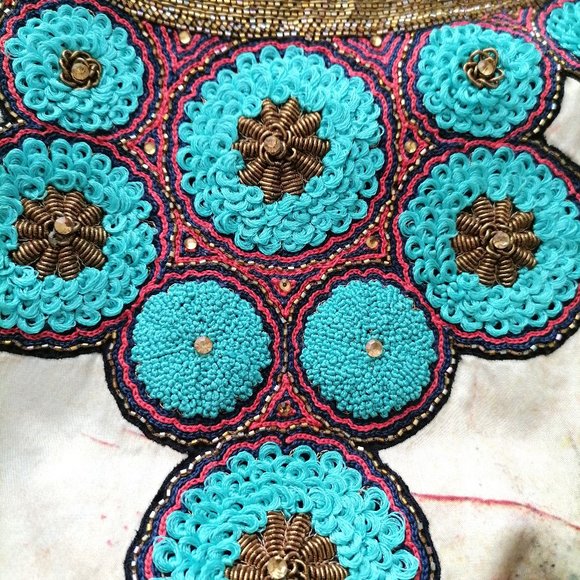 Anthropologie Bhanuni By Jyoti Turquois Embroidery Beaded A-Line Dress Sz 0 - Picture 5 of 9